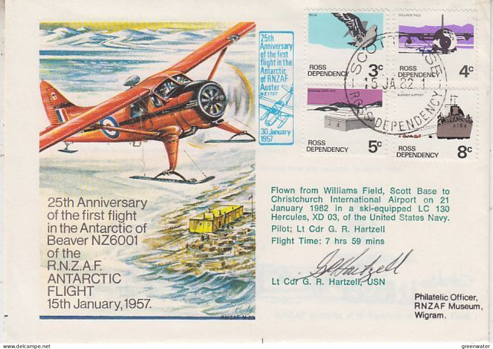 Ross Dependency 25th. Ann. 1st Flight In The Antarctic Of Beaver NZ6001 Signature Pilot (RT203) - Brieven En Documenten