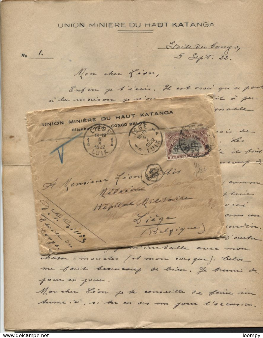68 Obl. ELISABETHVILLE Etoile Du Congo S/L Avec Contenu Vers Liège 5/10/1922. Hors Cours Le 1/1/22 Et Non Taxé. - Cartas & Documentos