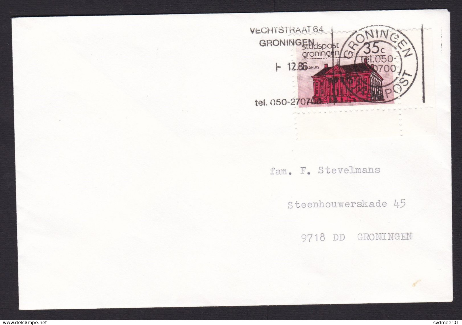 Netherlands: Cover, 1986, 1 Cinderella Stamp, Local Private Postal Service Stadspost Groningen, Building (traces Of Use) - Covers & Documents