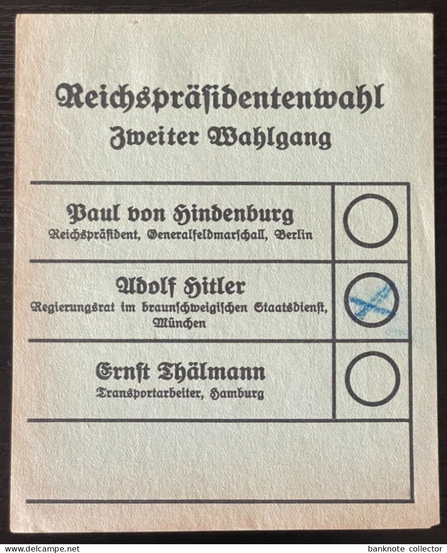 Deutschland, Germany - Wahlzettel - Reichspräsidentenwahl - Zweiter Wahlgang - 1932 ! - 1939-45