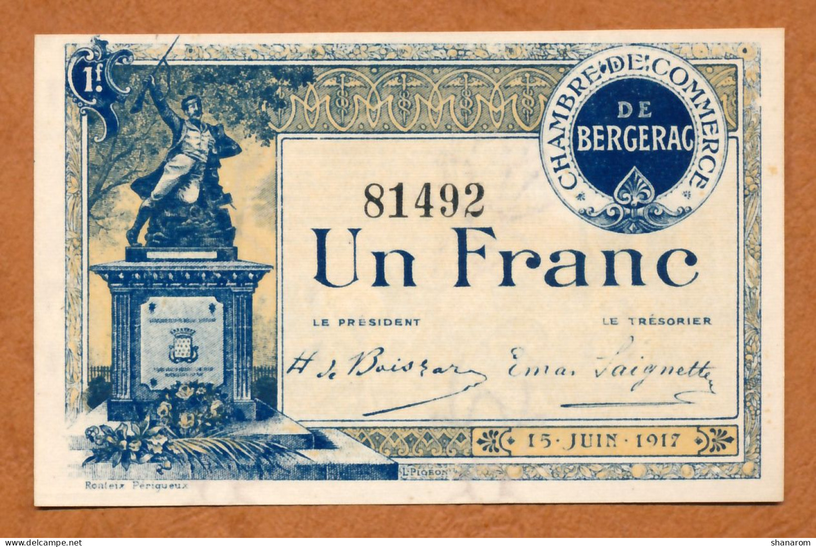 1914-18 // C.D.C. // BERGERAC (Dordogne 24) // Juin 1917 // Un Franc // Filigrane Abeilles - Cámara De Comercio