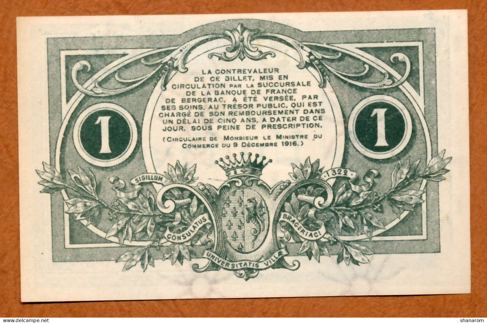 1914-18 // C.D.C. // BERGERAC (Dordogne 24) // Juin 1917 // Un Franc // Filigrane Abeilles - Cámara De Comercio