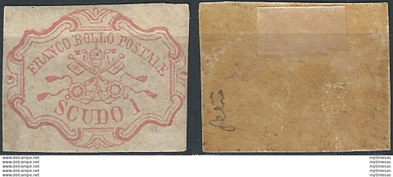 1852 Stato Pontificio 1 Scudo Rosa Carminio MH Sassone N. 11 - Etats Pontificaux