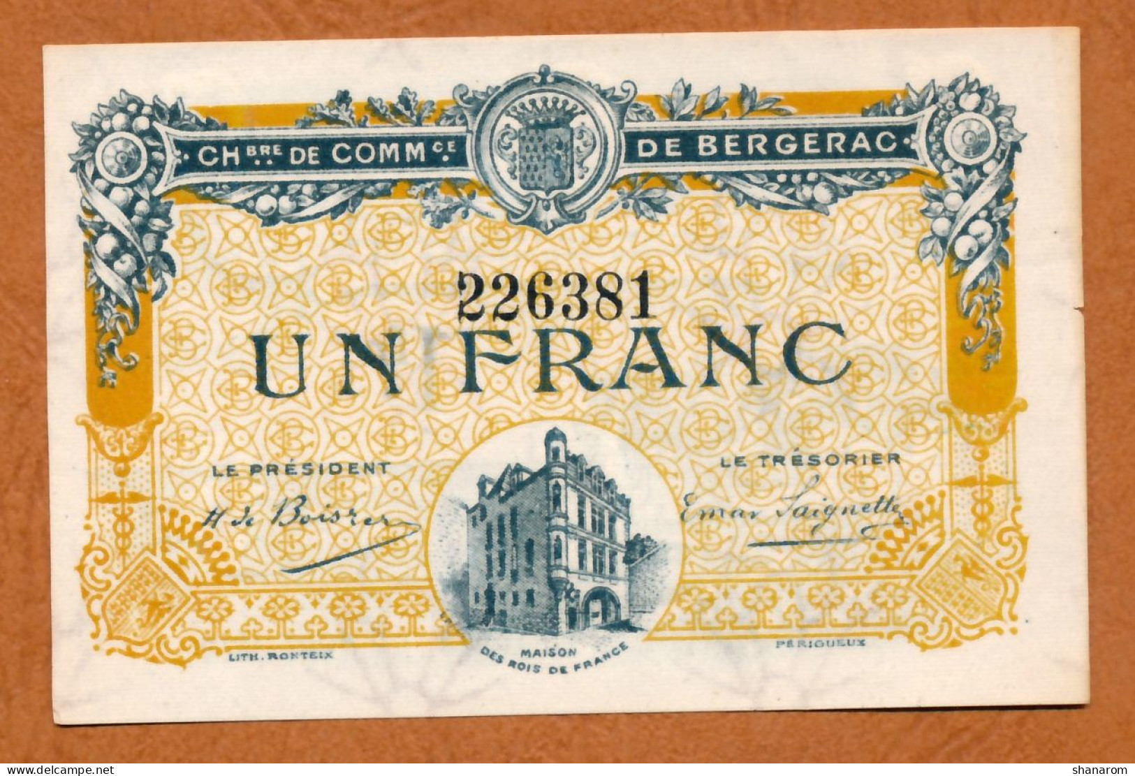 1914-18 // C.D.C. // BERGERAC (Dordogne 24) // Août 1918 // Un Franc // Filigrane Abeilles - Cámara De Comercio