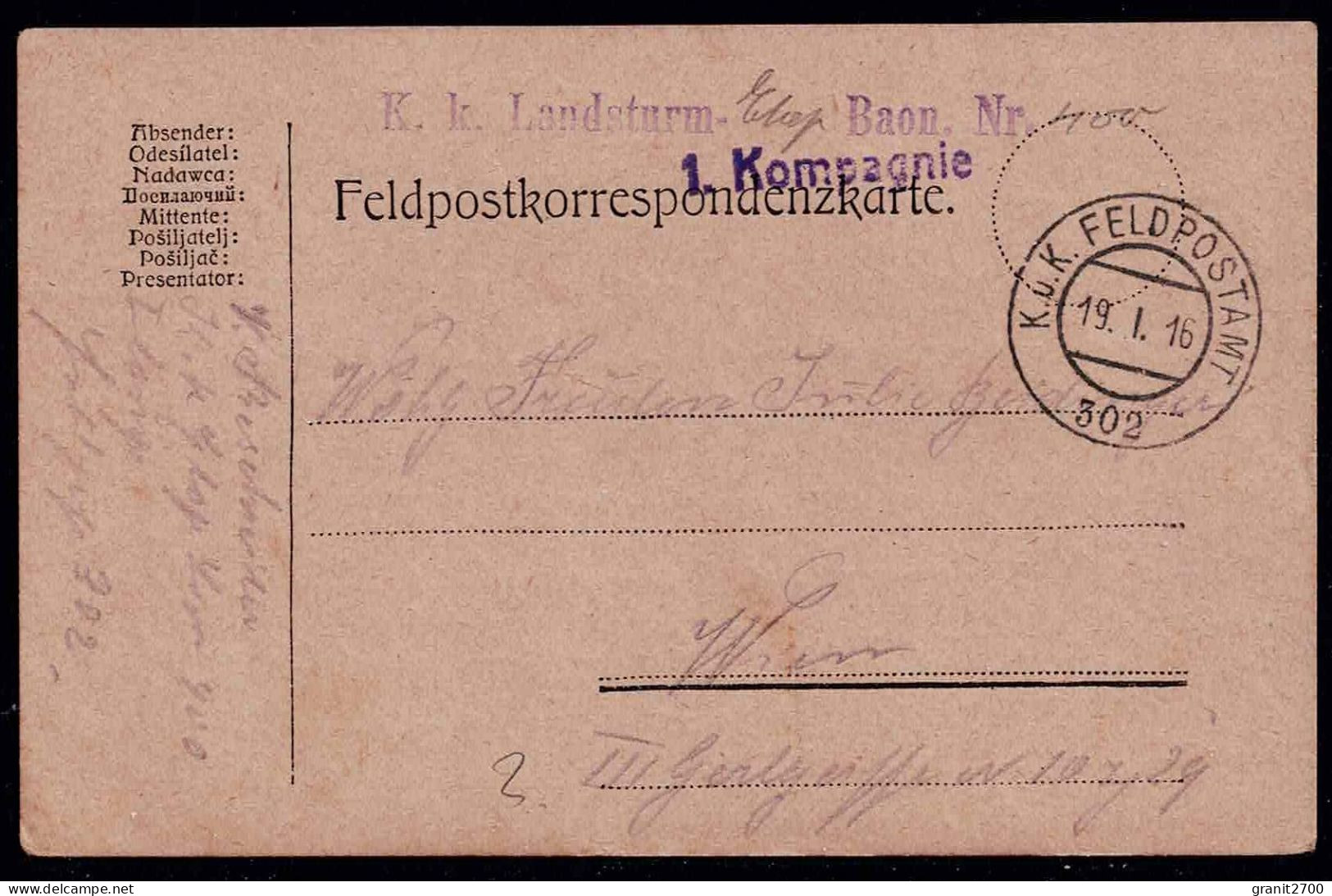 Feldpostkorrespondenzkarte - K.u.K. Landsturm - Baon. Nr. 400  1. Kompanie - Feldpostamt Nr. 302 Vom 19.I.16 - Autres & Non Classés
