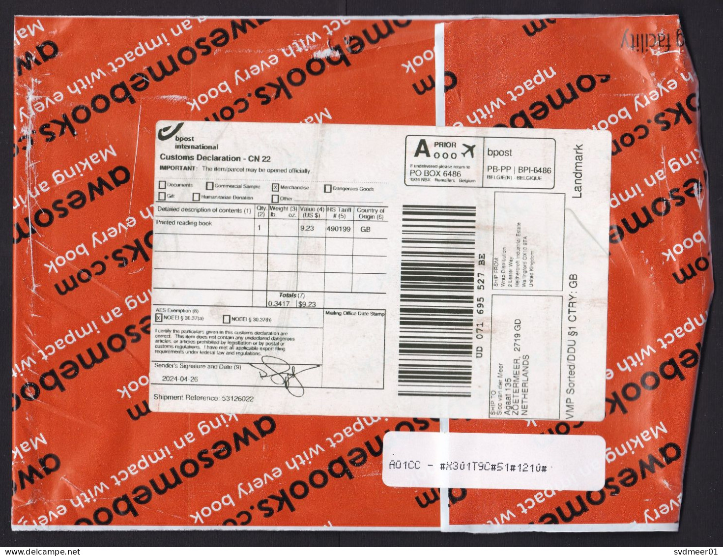 Belgium: Plastic Cover To Netherlands, 2024, PP, Customs Declaration, Actually From UK, Cheaper Service (minor Damage) - Cartas & Documentos