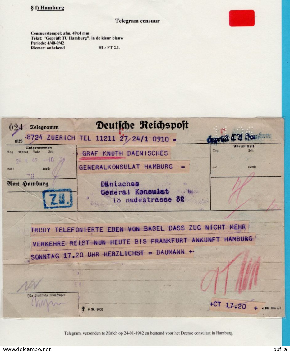 GERMANY Telegram 1942 From Zürich Switzerland For Danish Consul In Hamburg With "Geprüft TU Hamburg" Not Noted By Riemer - Lettres & Documents