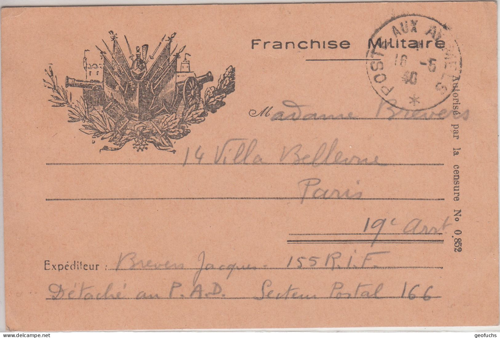 Carte En Franchise Militaire Avec Allégorie Drapeaux/canons/médaille Militaire, Cachet Poste Aux Armées Muet Du 16.05.40 - Guerre De 1939-45