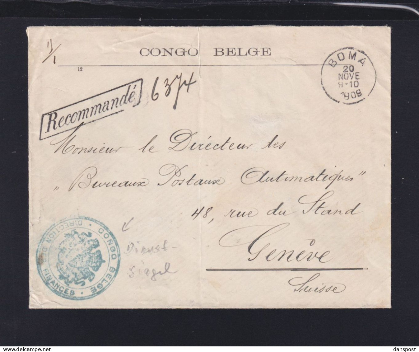 Belgisch-Kongo Dienstbrief 1909 Boma Nach Genf - Covers & Documents