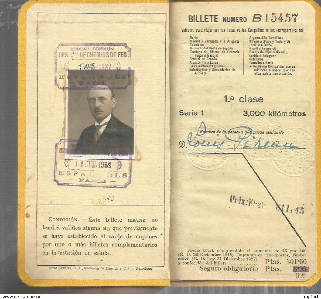 RARE LIVRET  Billete Kilometrico  Chemin De Fer 1932 ESPAGNE  Titre De Transport Espagnol De 1ère Classe Datant De 1932 - Europe