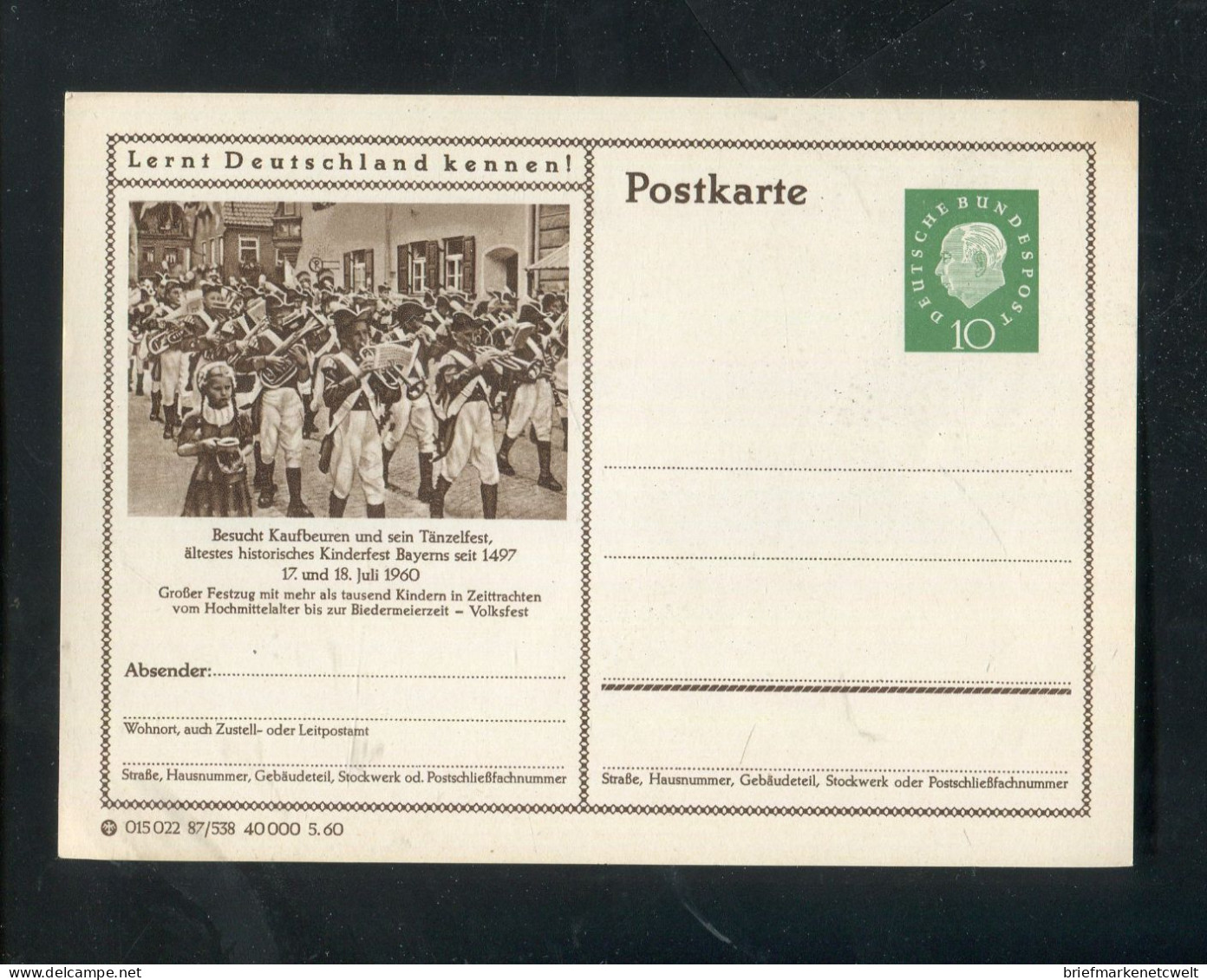 "BUNDESREPUBLIK DEUTSCHLAND" 1960, Bildpostkarte Mit Bild "KAUFBEUREN", Taenzelfest" ** (B1249) - Geïllustreerde Postkaarten - Ongebruikt