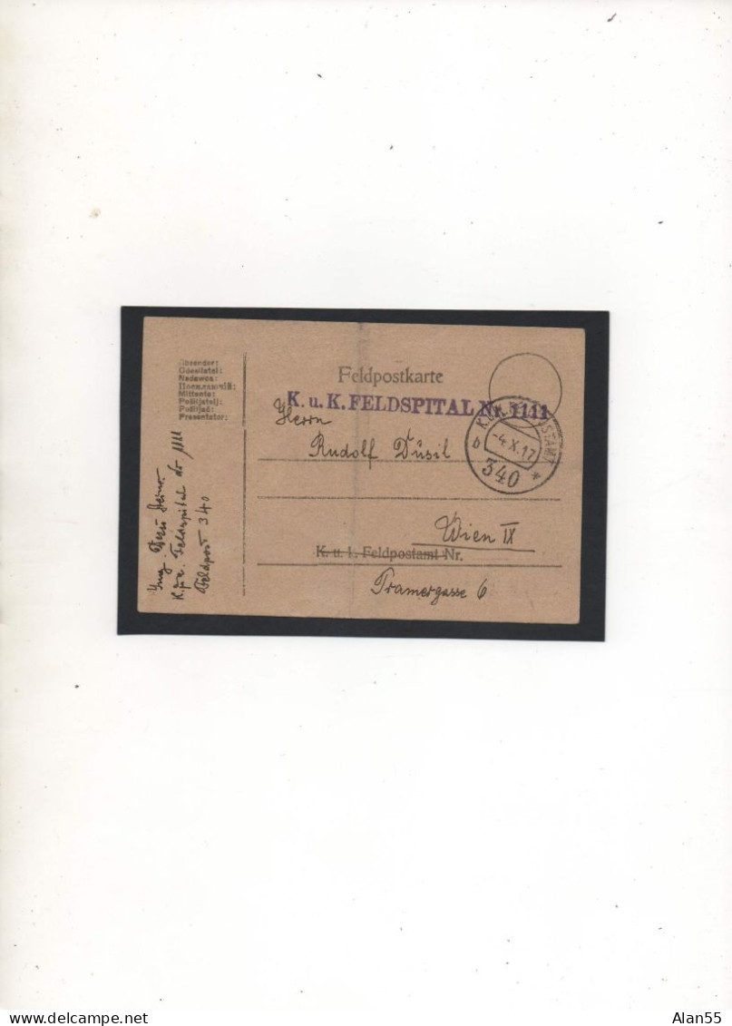 AUTRICHE-HONGRIE,1917,  K,U,K, FELDSPITAL N°1111, FELDPOST 340 - Brieven En Documenten