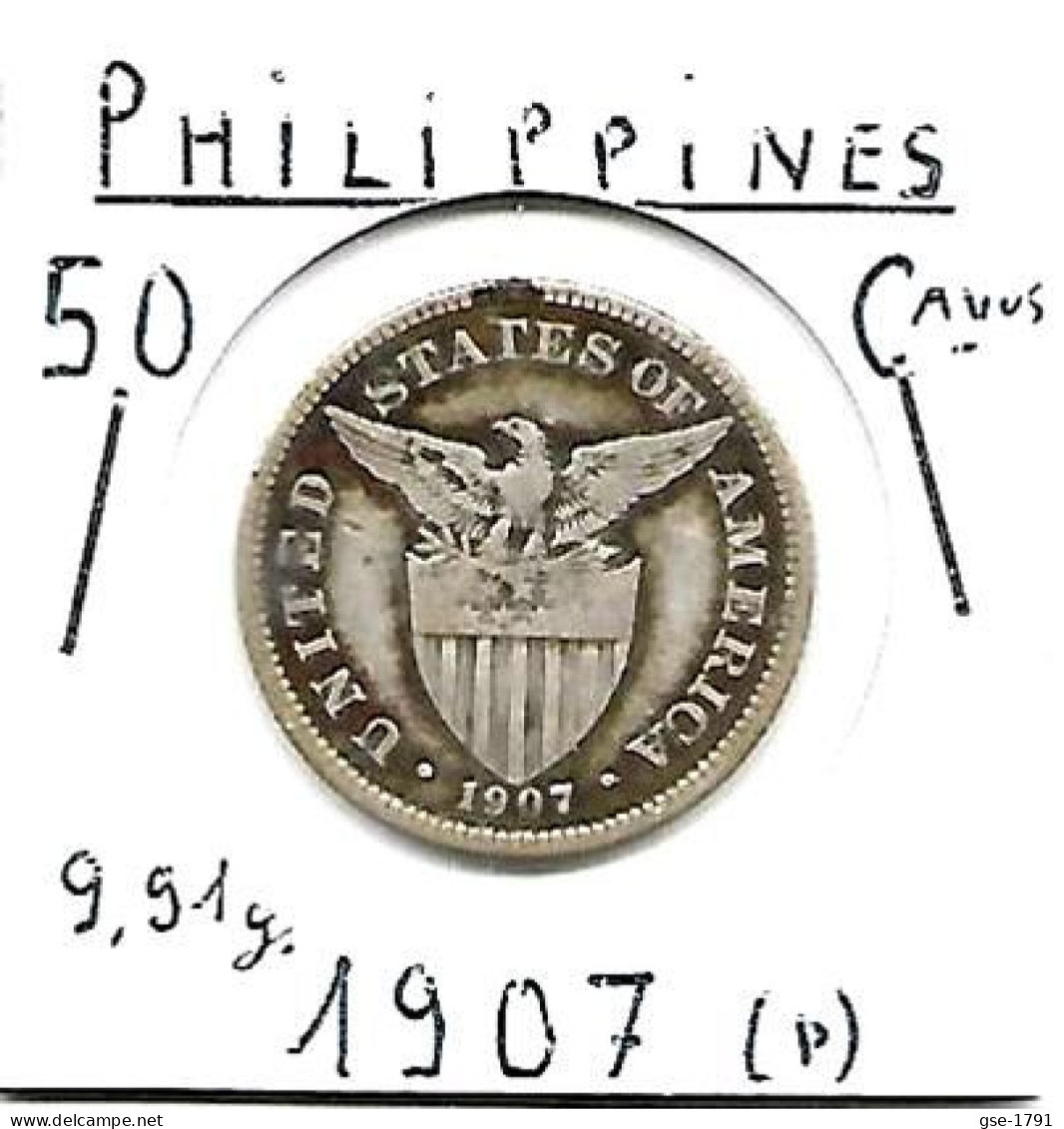 PHILIPPINES  US. Administration  50  Centavos  Eagle  KM171  Année 1907(p)  Ag. 0.750,  . TB+ - Filipinas