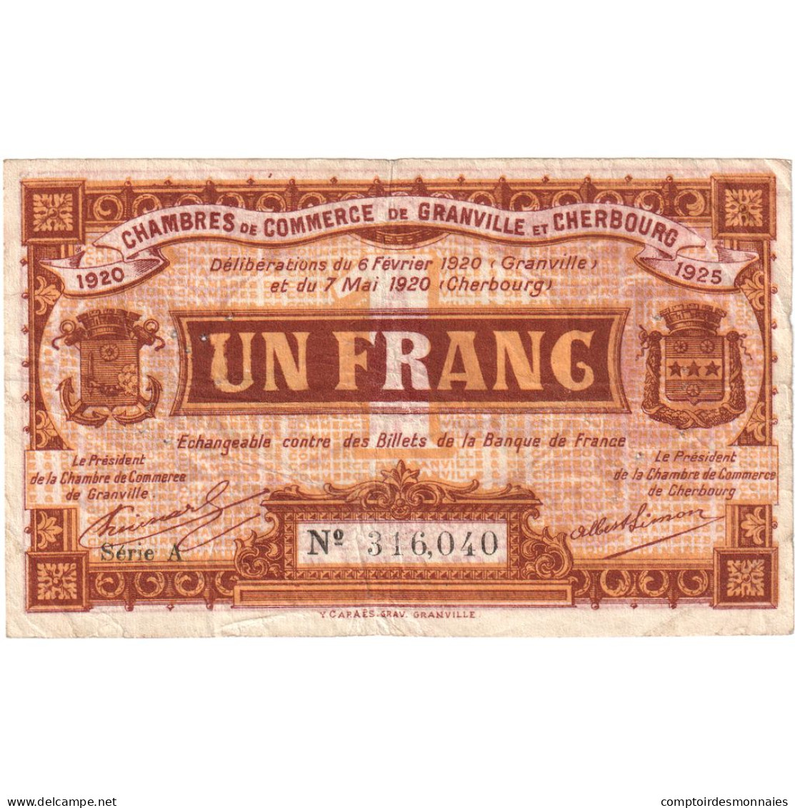 France, Cherbourg Et Granville, 1 Franc, 1918-11-11, Bon Municipal., TTB - Bons & Nécessité