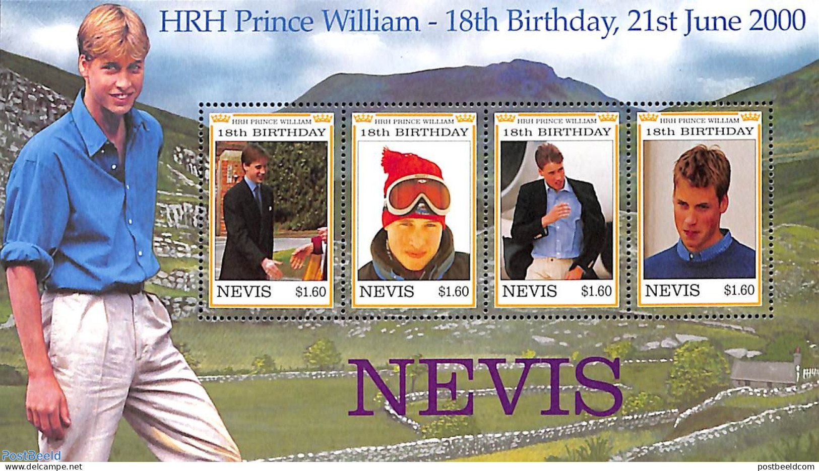Nevis 2000 Prince William 4v M/s, Mint NH, History - Kings & Queens (Royalty) - Familles Royales