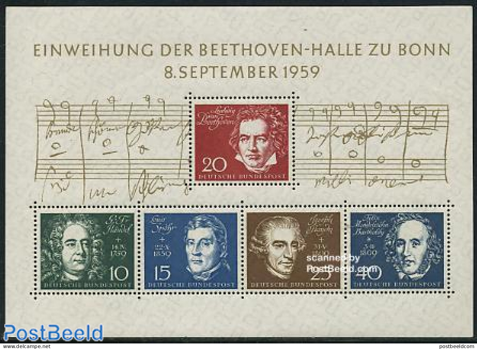 Germany, Federal Republic 1959 Beethoven Hall S/s, Unused (hinged), Performance Art - Music - Staves - Ongebruikt