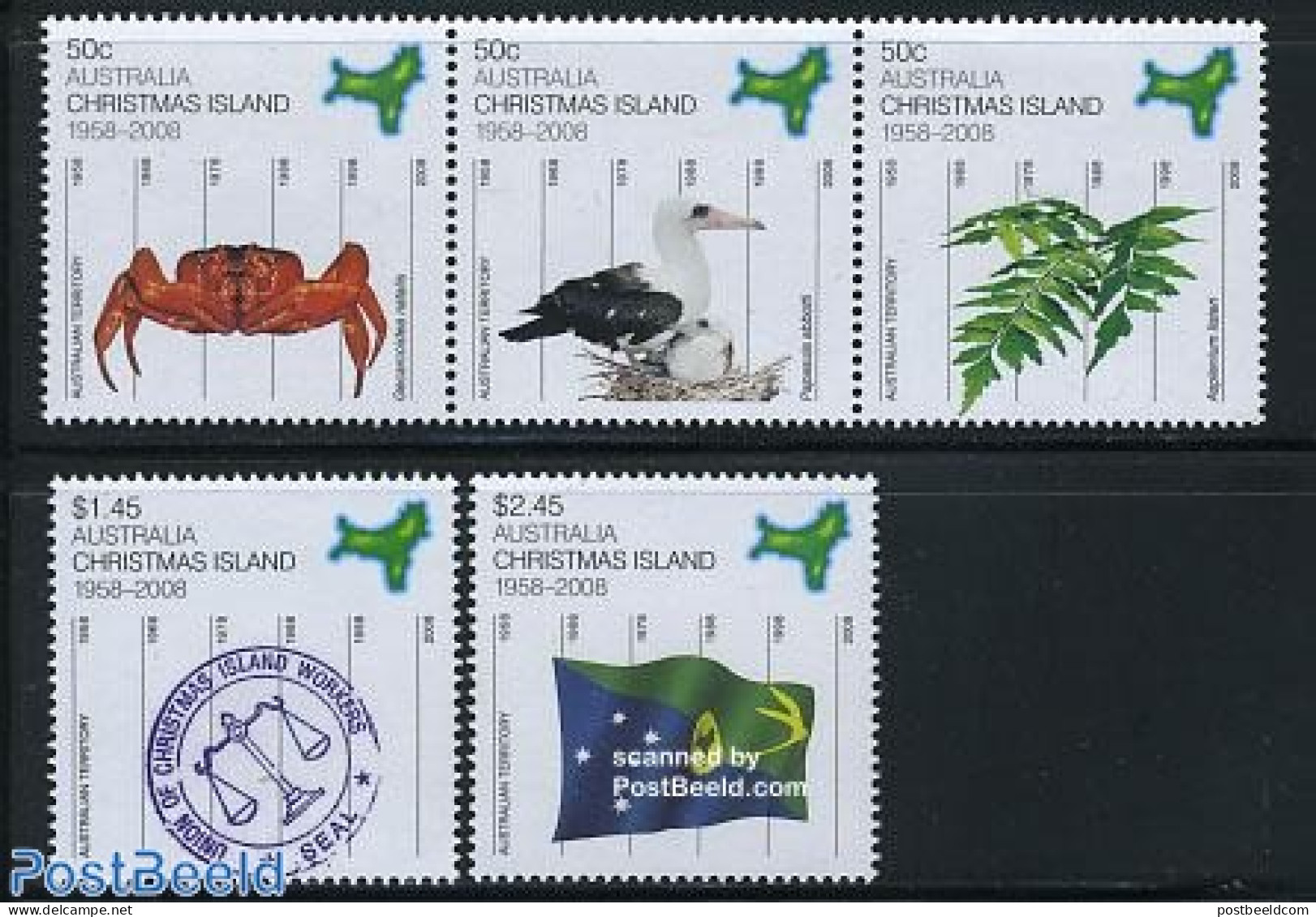 Christmas Islands 2008 50 Years Australian Territory 5v, Mint NH, History - Nature - Coat Of Arms - Flags - Birds - Christmaseiland