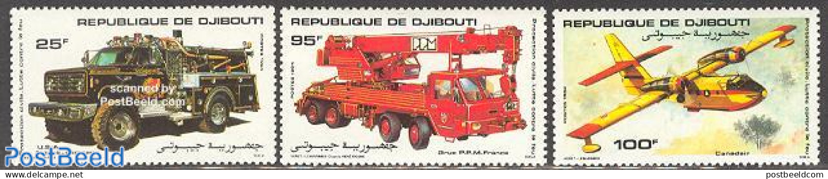 Djibouti 1984 Fire Corps 3v, Mint NH, Transport - Automobiles - Fire Fighters & Prevention - Aircraft & Aviation - Voitures