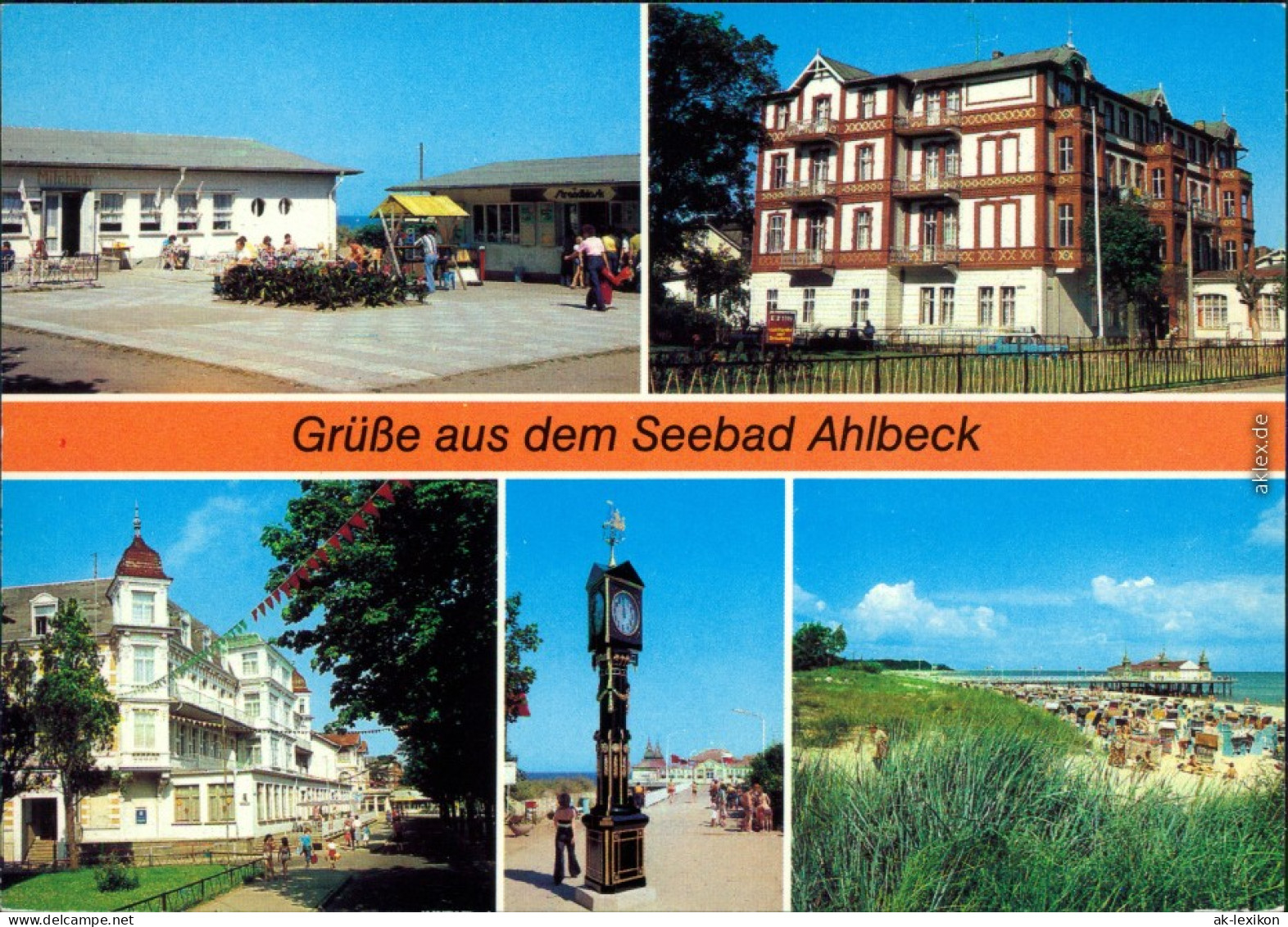 Ahlbeck (Usedom) Strandpromenade, FDGB-Erholungsheime, Stranduhr, Seebrücke 1983 - Autres & Non Classés