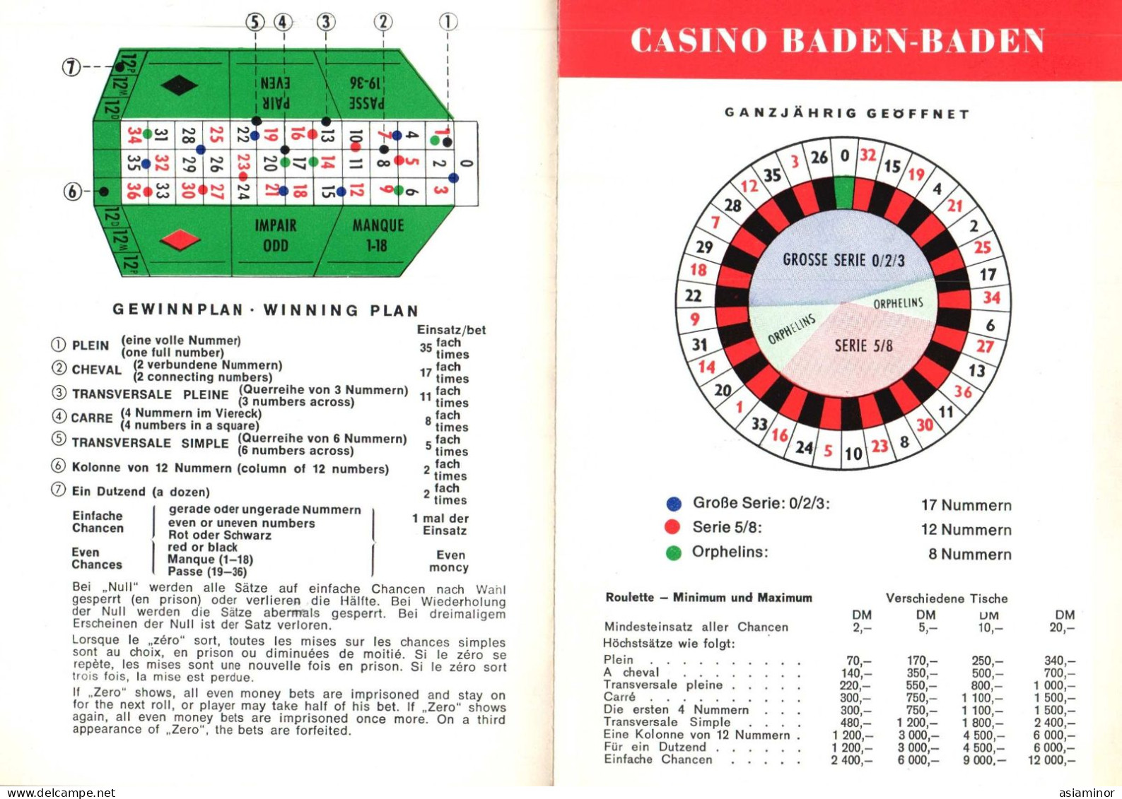 Casino Baden-Baden. Original. Description Of The Roulette Wheel. 1970/80 [15x21 Cm.] * - Publicités