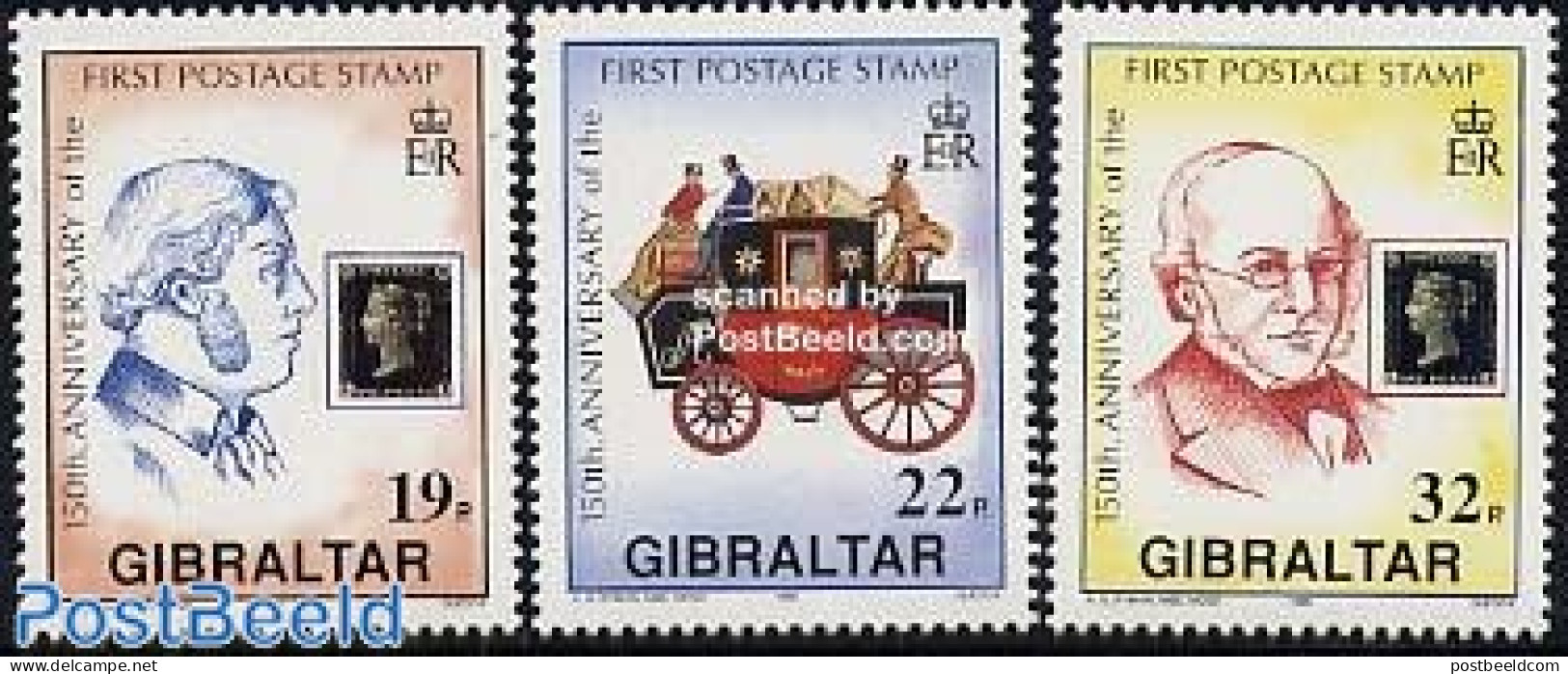 Gibraltar 1990 150 Years Stamps 3v, Mint NH, Transport - Stamps On Stamps - Coaches - Briefmarken Auf Briefmarken