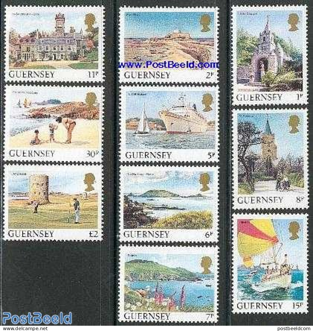 Guernsey 1985 Definitives 10v, Mint NH, Religion - Sport - Transport - Churches, Temples, Mosques, Synagogues - Golf -.. - Chiese E Cattedrali