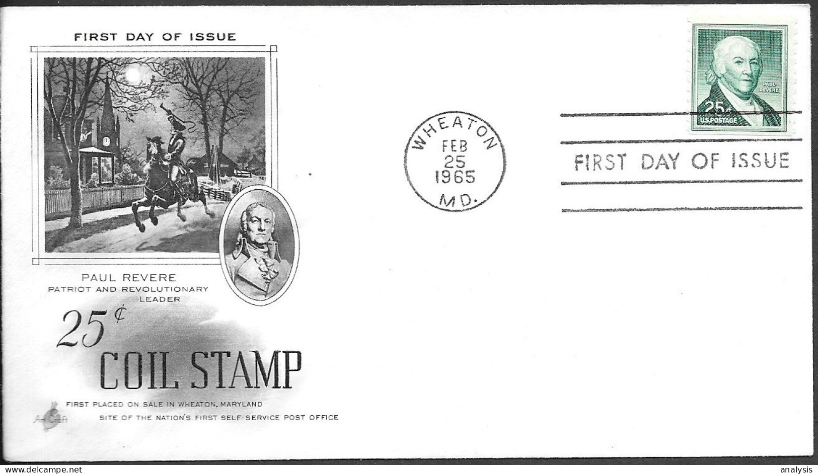 USA FDC Cover 1965. 25c Coil Stamp. Paul Revere - 1961-1970