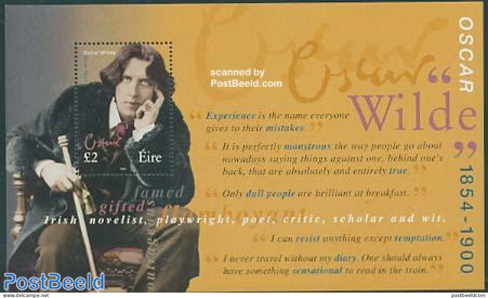 Ireland 2000 Oscar Wilde S/s, Mint NH, Art - Authors - Handwriting And Autographs - Unused Stamps