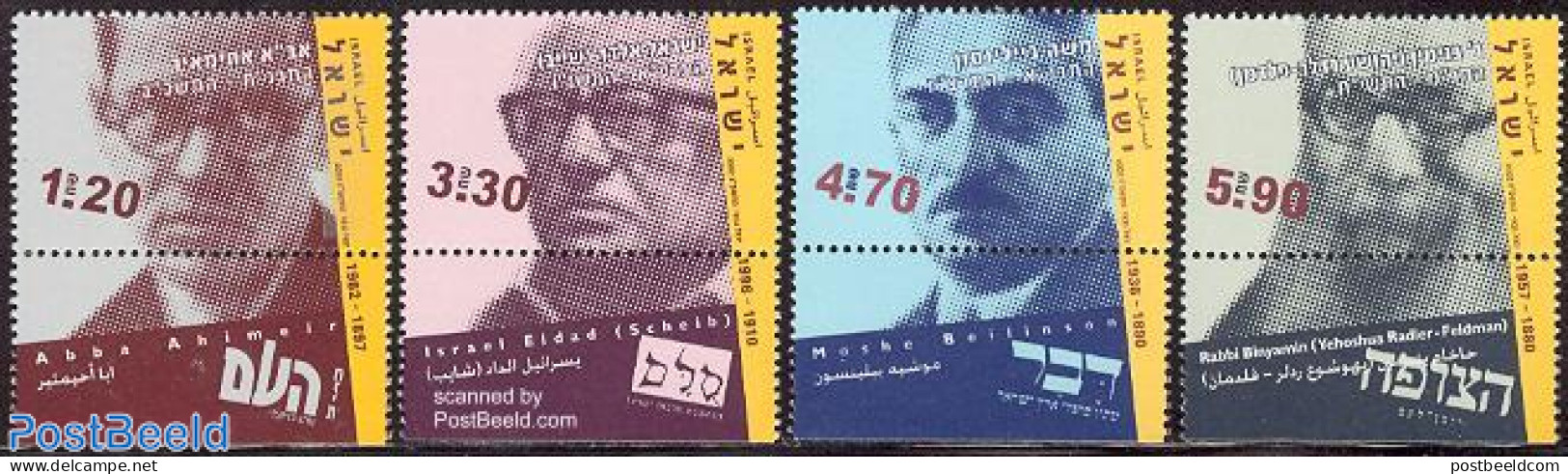 Israel 2002 Political Journalists 4v, Mint NH, History - Newspapers & Journalism - Nuovi (con Tab)