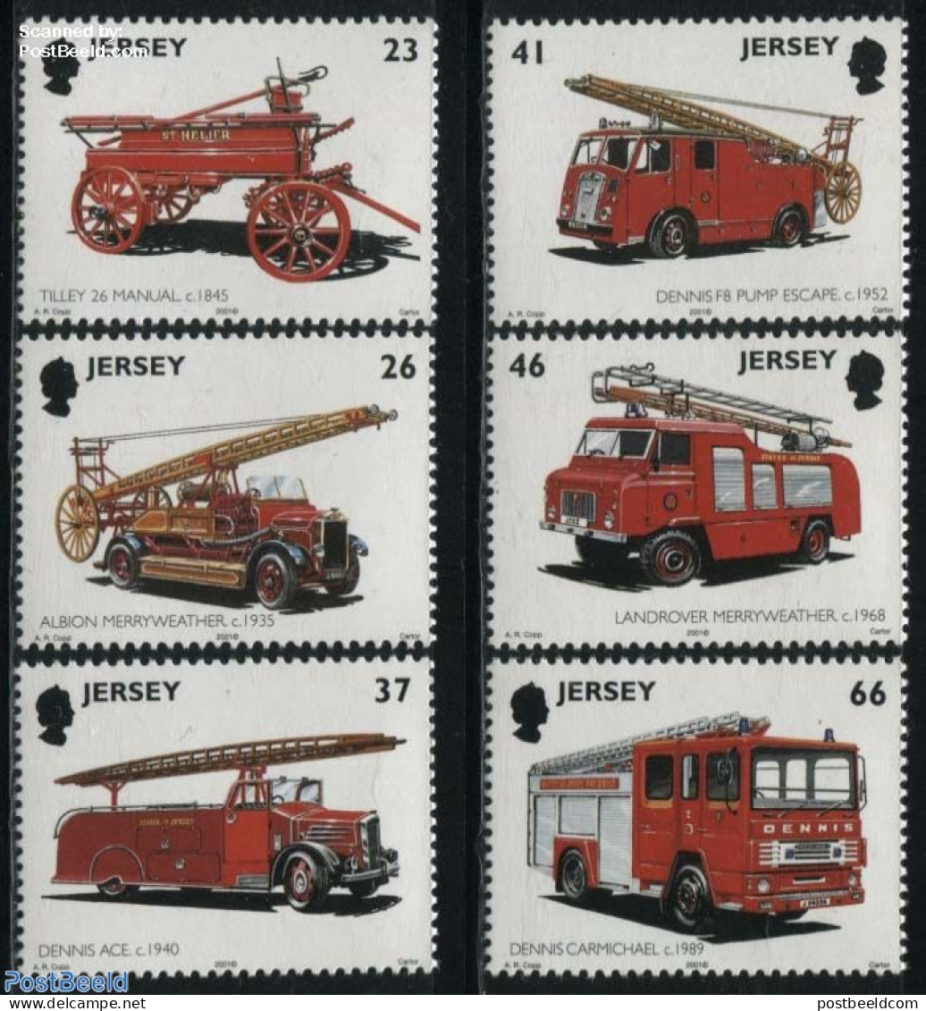 Jersey 2001 Fire Corps 6v, Mint NH, Transport - Automobiles - Fire Fighters & Prevention - Cars