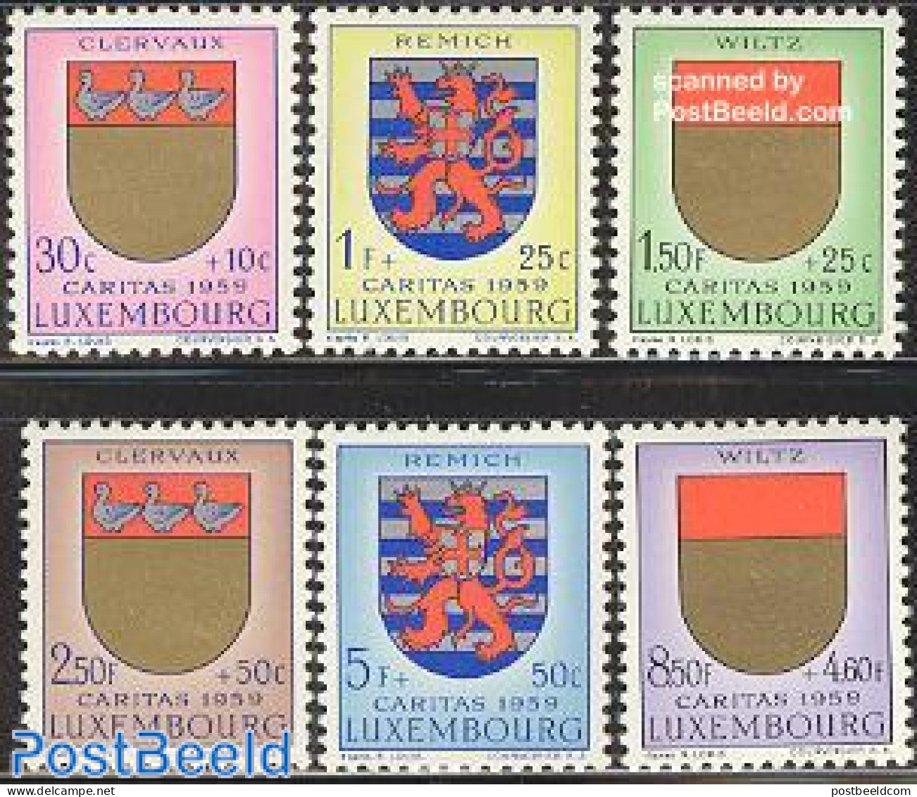 Luxemburg 1959 Caritas, Coat Of Arms 6v, Mint NH, History - Nature - Religion - Coat Of Arms - Ducks - Christmas - Nuevos