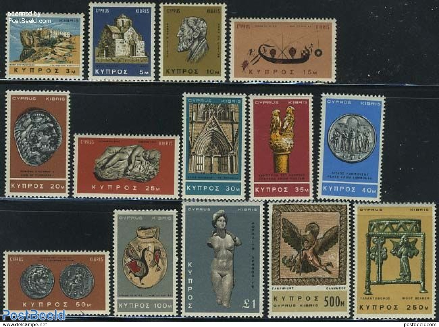 Cyprus 1966 Definitives, Culture 14v, Mint NH, History - Various - Archaeology - Money On Stamps - Art - Sculpture - Neufs