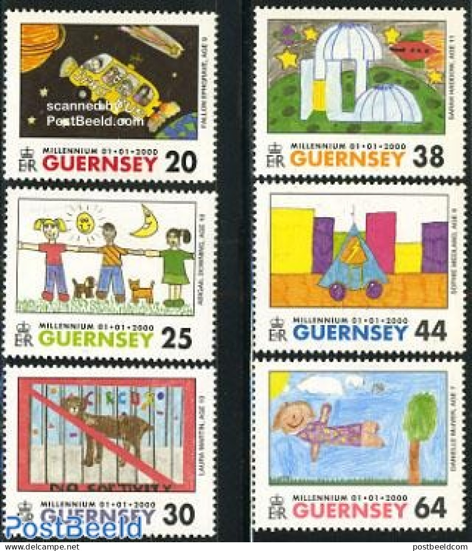 Guernsey 2000 Future On Stamps 6v, Mint NH, Nature - Transport - Cats - Dogs - Automobiles - Space Exploration - Art -.. - Automobili