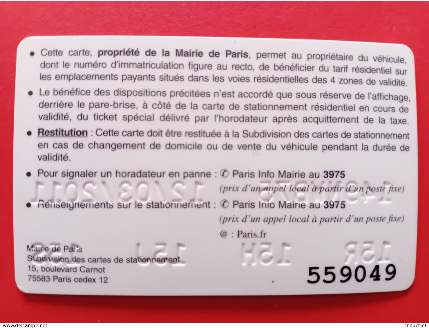 CARTE STATIONNEMENT RESIDENTIEL PARIS  (BB0615 - Parkkarten