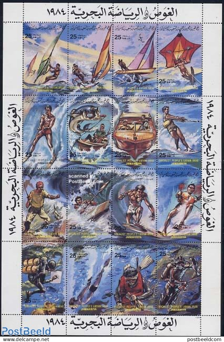 Libya Kingdom 1984 Water Sports 16v M/s, Mint NH, Nature - Sport - Transport - Fish - Fishing - Diving - Sailing - Spo.. - Poissons