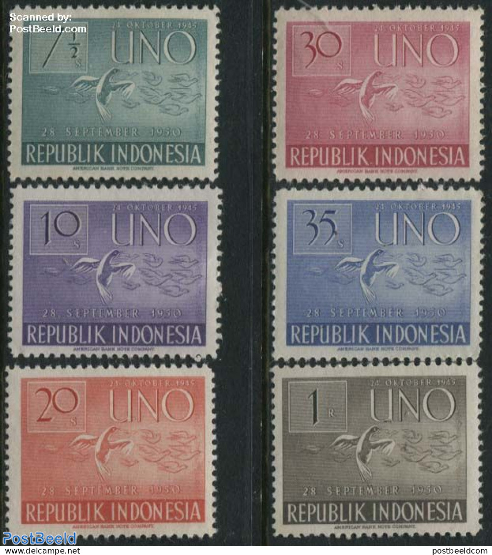 Indonesia 1951 6 Years United Nations 6v, Mint NH, History - Nature - United Nations - Birds - Indonesië