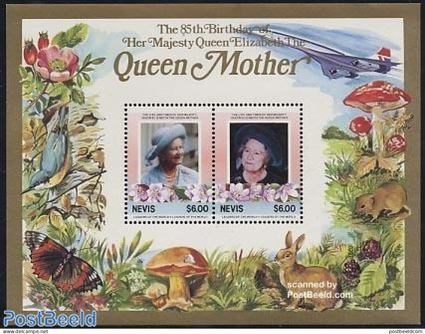 Nevis 1985 Queen Mother S/s, Mint NH, History - Nature - Transport - Kings & Queens (Royalty) - Birds - Butterflies - .. - Familles Royales