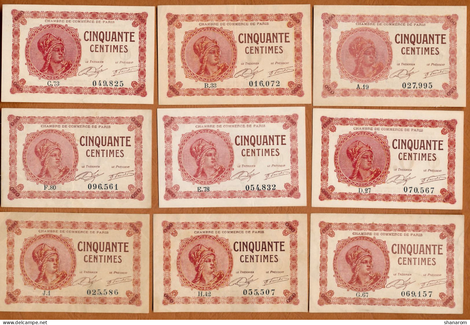 1914-20 // C.D.C. // PARIS (75) // Mars 1920 // 9 Billets // Séries Différentes // Cinquante Centimes - Handelskammer