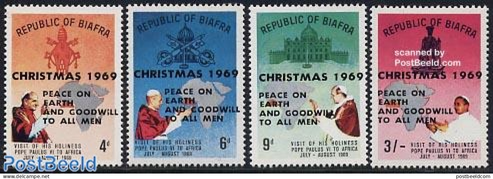 Biafra 1969 Christmas 4v, Mint NH, Religion - Various - Christmas - Pope - Maps - Natale