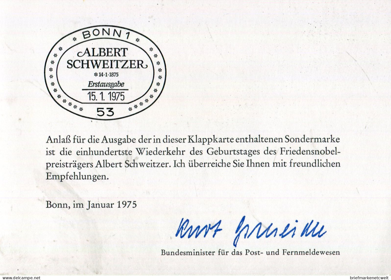 "BUNDESREPUBLIK DEUTSCHLAND" 1975, Minister-Klappkarte Mit Ausgabe "Albert Schweitzer" (B1257) - Covers & Documents