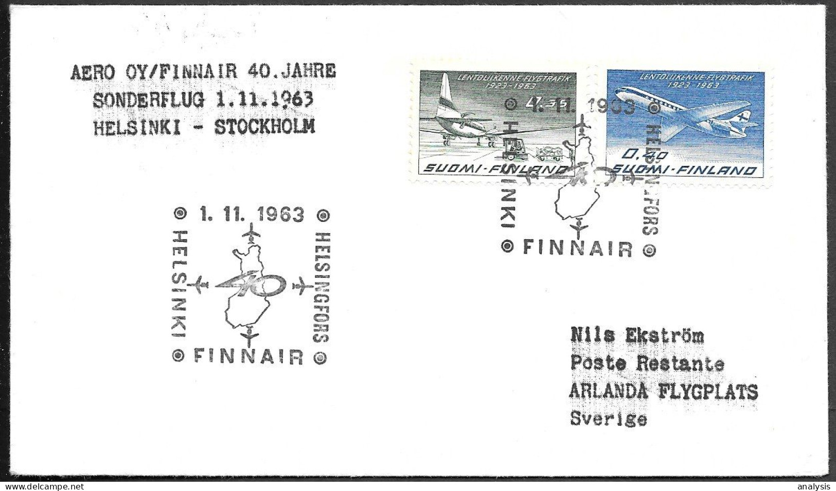 Finland Cover Mailed To Sweden 1963. 40th Anniv Of Special Flight Helsinki - Stockholm - Storia Postale