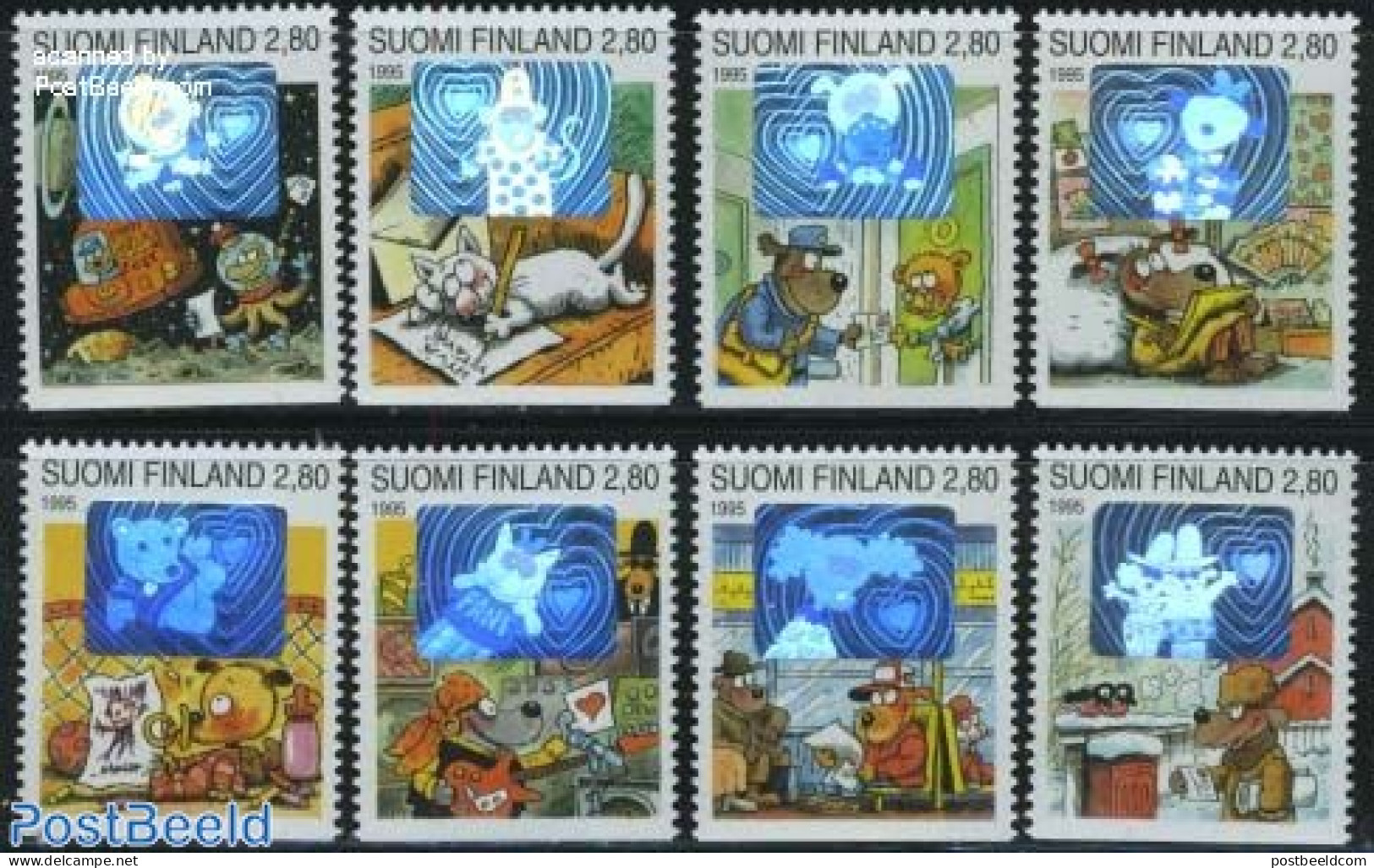 Finland 1995 VALENTINE/COMICS 8V, Mint NH, Nature - Various - Bears - Cats - Holograms - Art - Children's Books Illust.. - Neufs