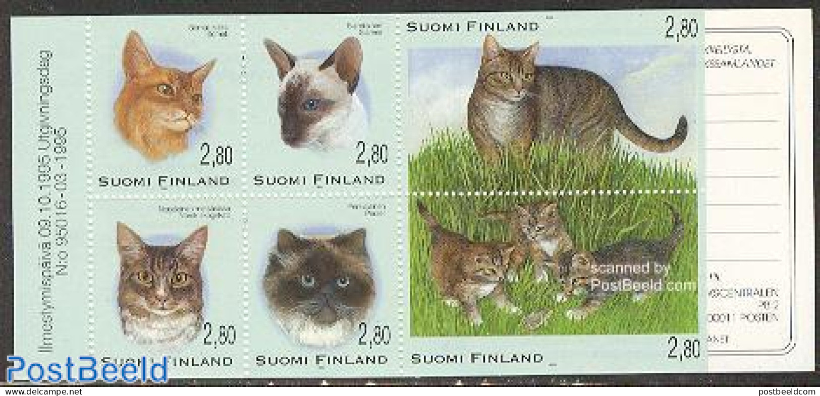 Finland 1995 Cats 6v In Booklet, Mint NH, Nature - Cats - Stamp Booklets - Neufs