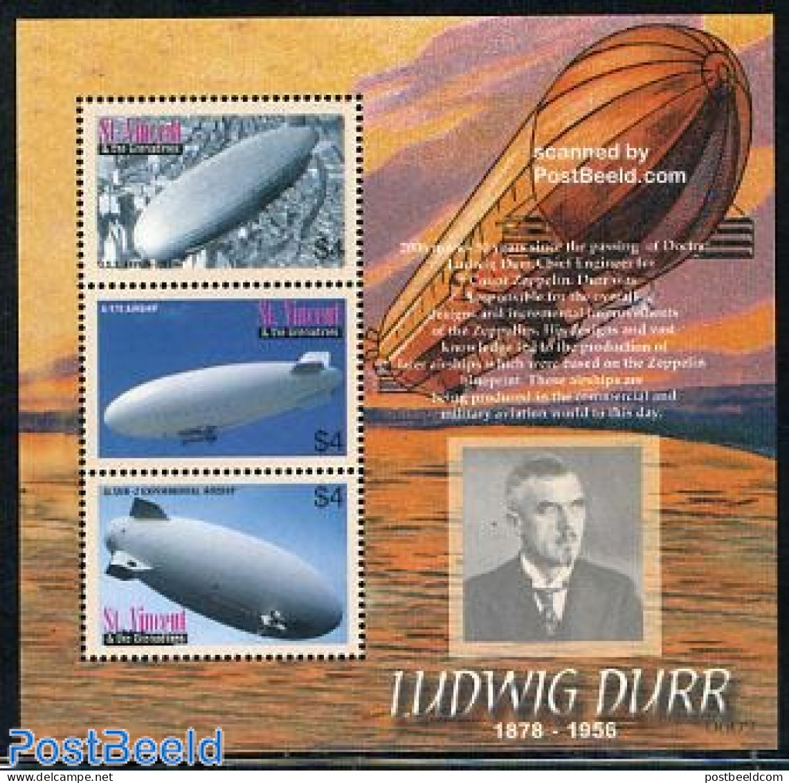 Saint Vincent 2006 Ludwig Durr, Zeppelin 3v M/s, Mint NH, Transport - Zeppelins - Zeppeline