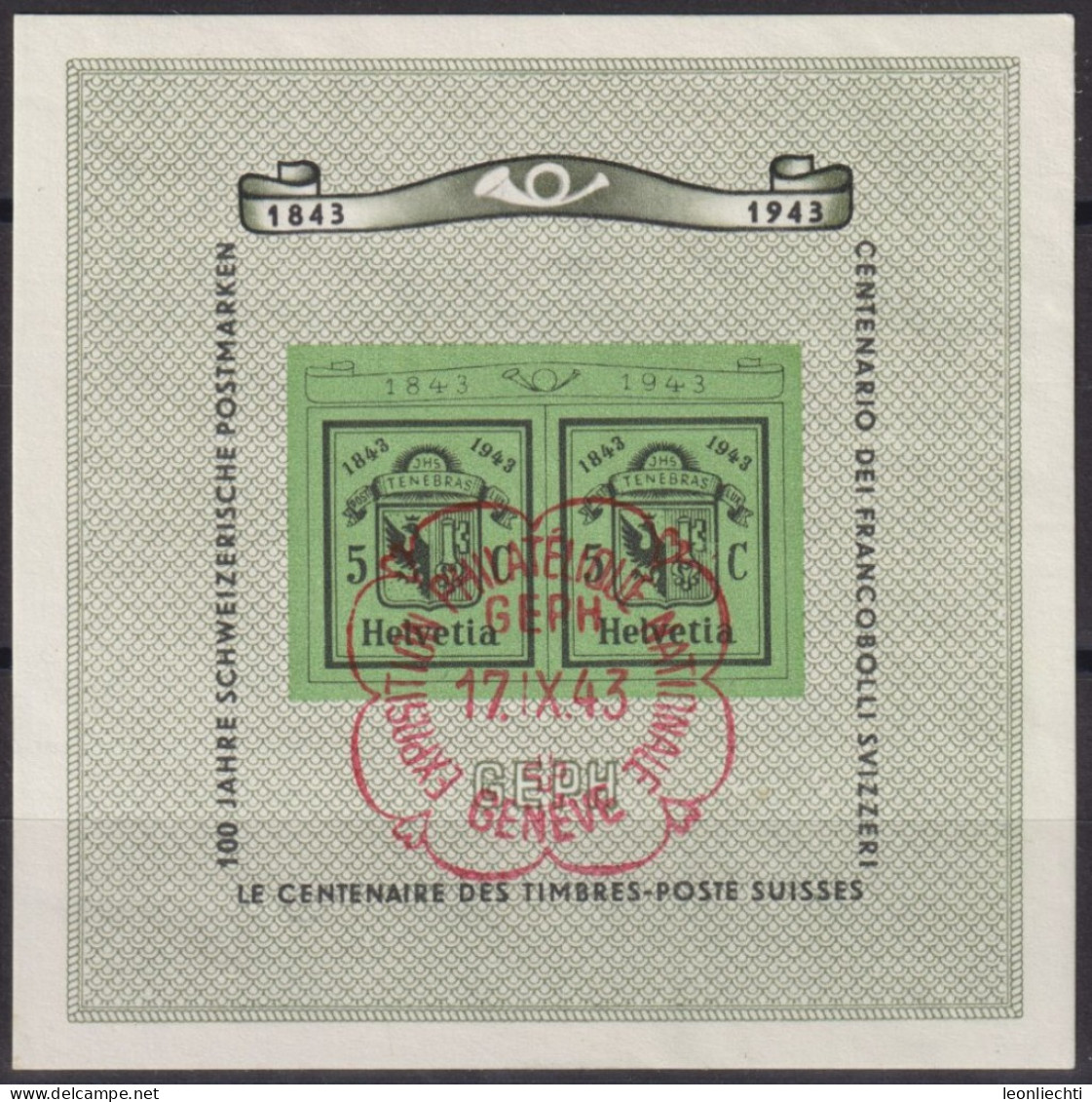 1943 Genfer Block ⵙ Zum: W18, Mi: Bl.10 Briefmarkenausstellung Genf, Drucknummer 13 - Usados