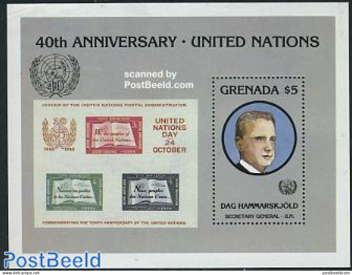 Grenada 1985 UNO 40th Anniversary S/s, Mint NH, History - United Nations - Stamps On Stamps - Briefmarken Auf Briefmarken