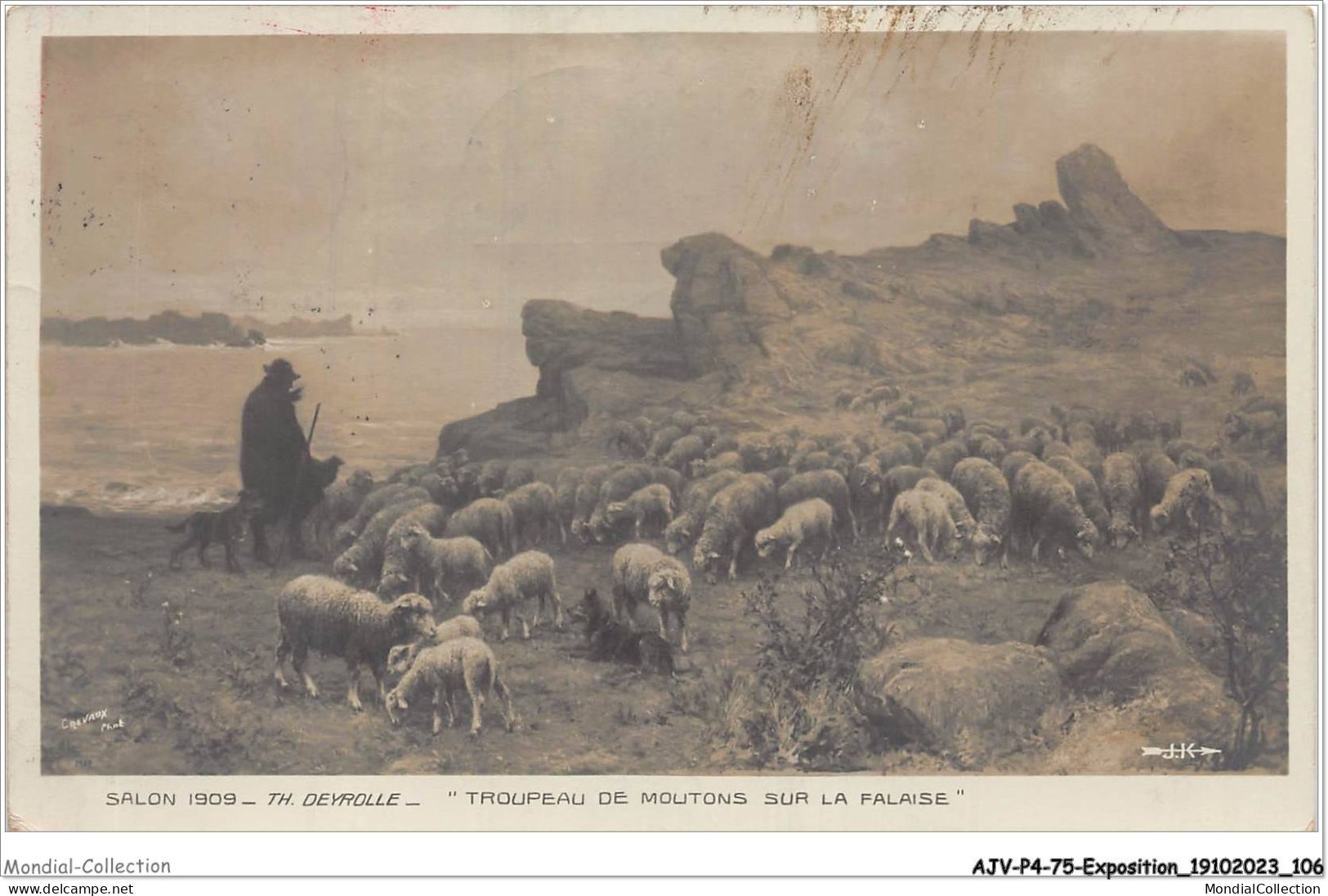 AJVP4-0352 - EXPOSITION - TH-DEYROLLE - TROUPEAU  DE MOUTONS SUR LA FALAISE - SALON 1909  - Pintura & Cuadros