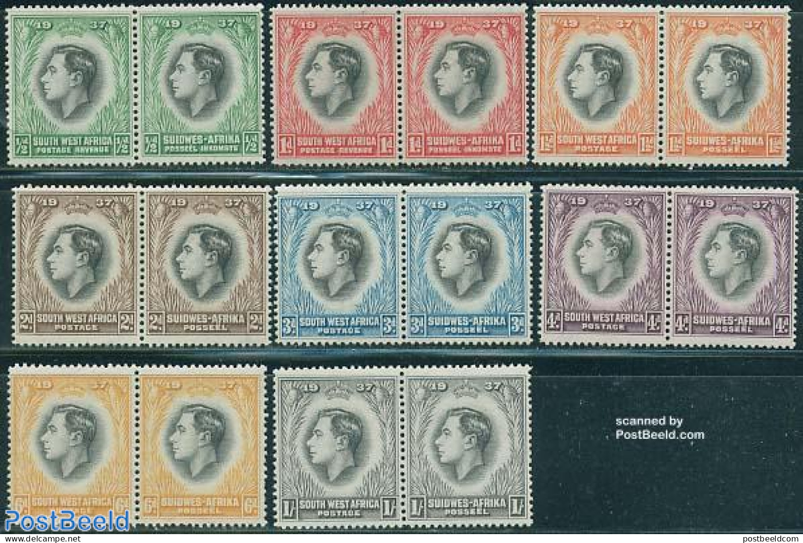 South-West Africa 1937 Coronation, 8 Pairs, Unused (hinged), History - Kings & Queens (Royalty) - Familles Royales
