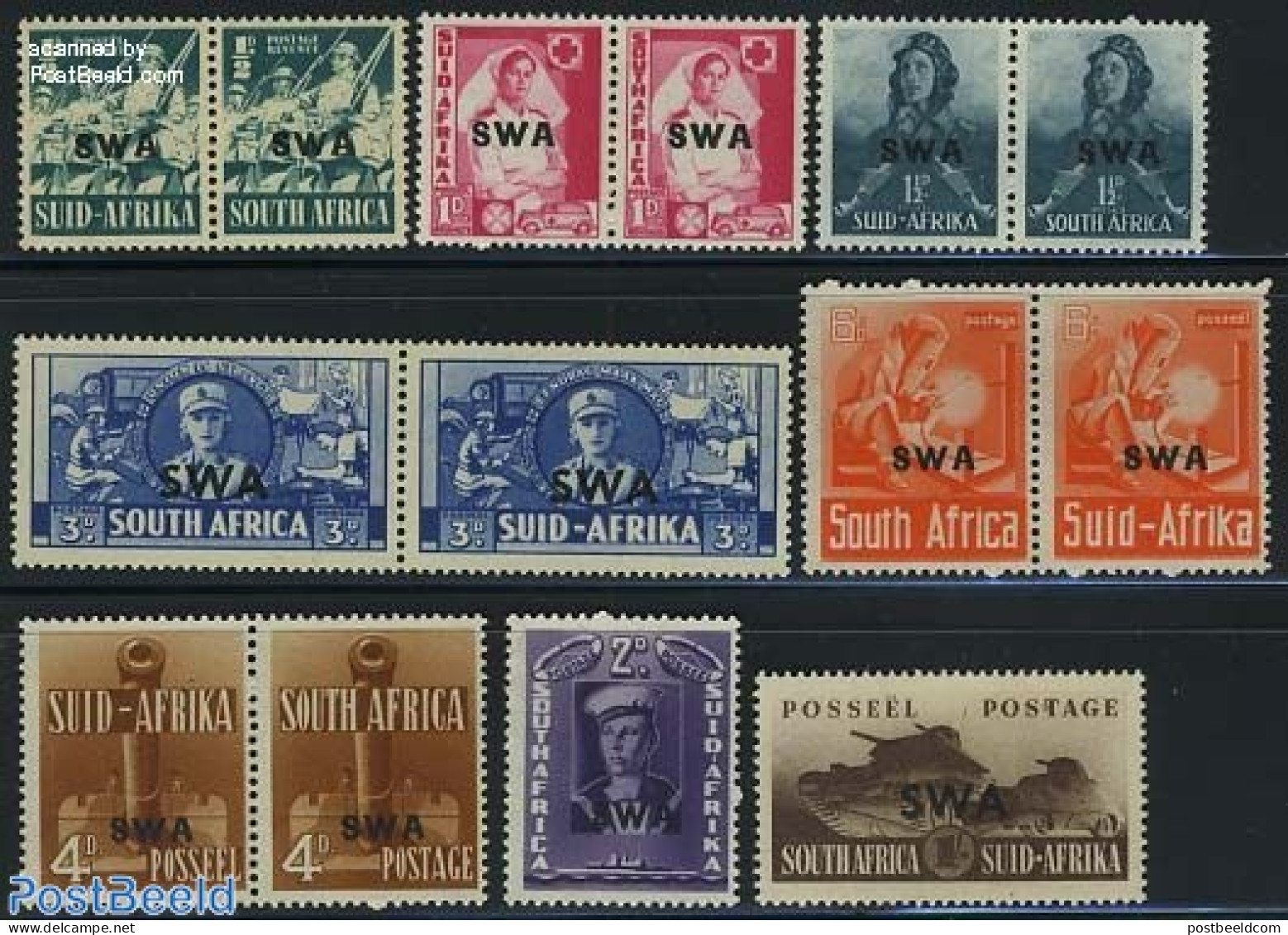 South-West Africa 1941 Definitives 6 Pairs + 2v, Unused (hinged) - África Del Sudoeste (1923-1990)