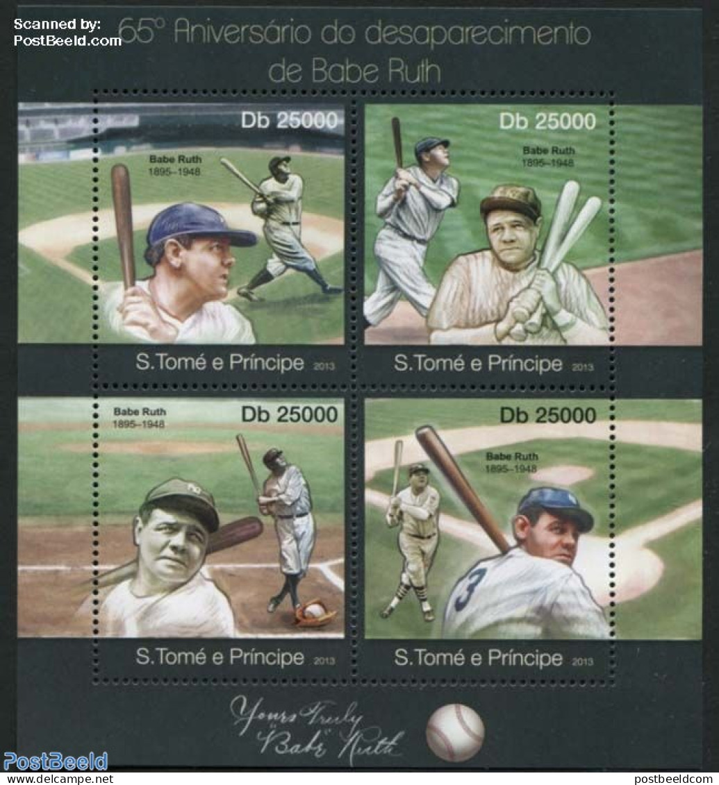 Sao Tome/Principe 2013 Babe Ruth 4v M/s, Mint NH, Sport - Baseball - Honkbal